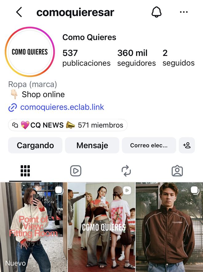Perfil de Instagram de Como Quieres, marca de indumentaria