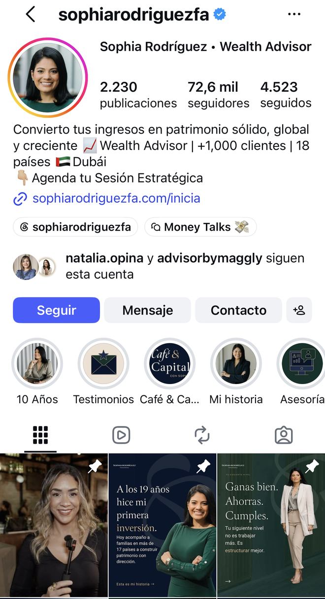 Perfil de Instagram de Sophia Rodríguez, asesora financiera
